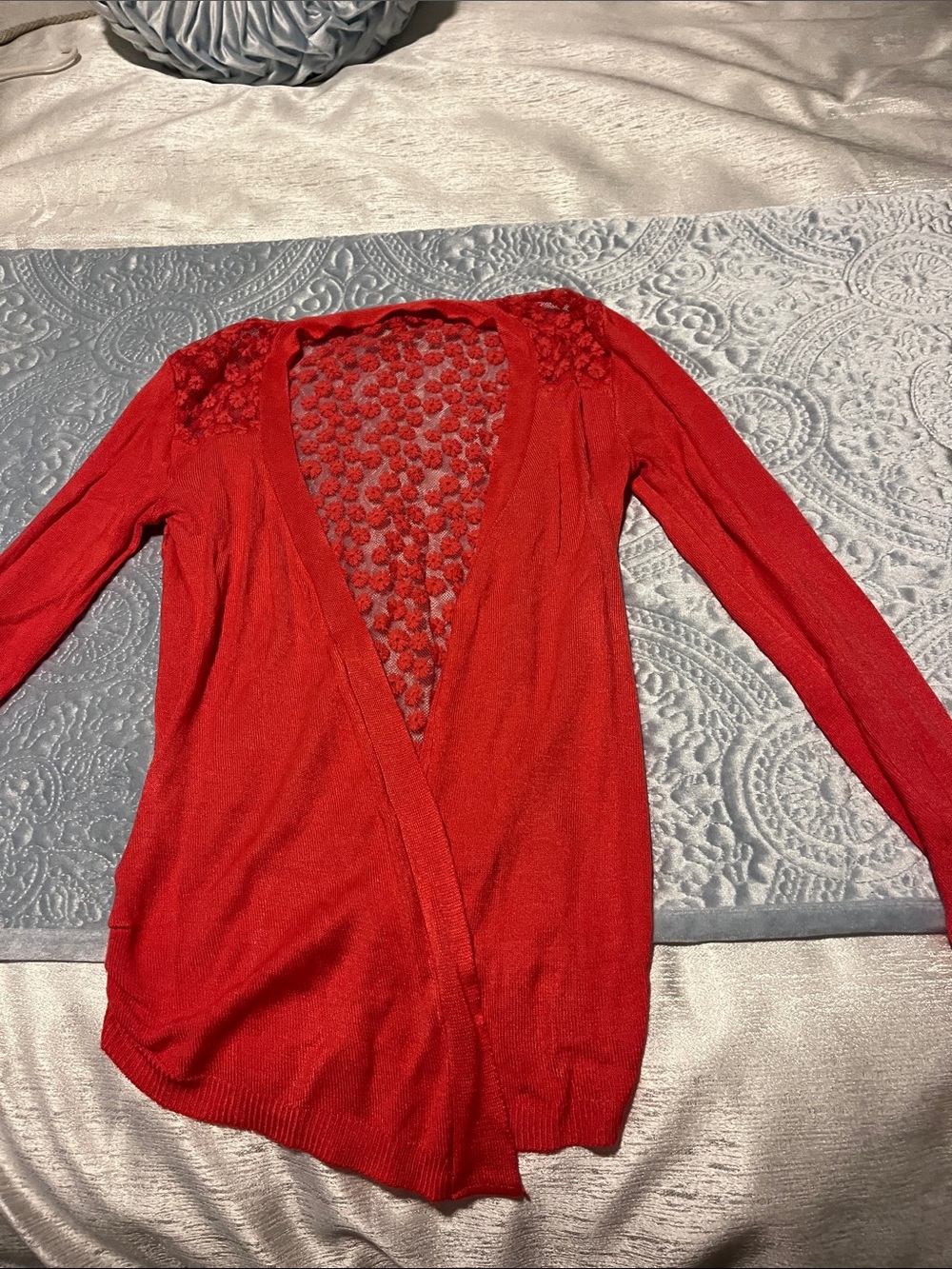 Women's Red Long-Sleeve Open Cardigan with Lace-Back Detail